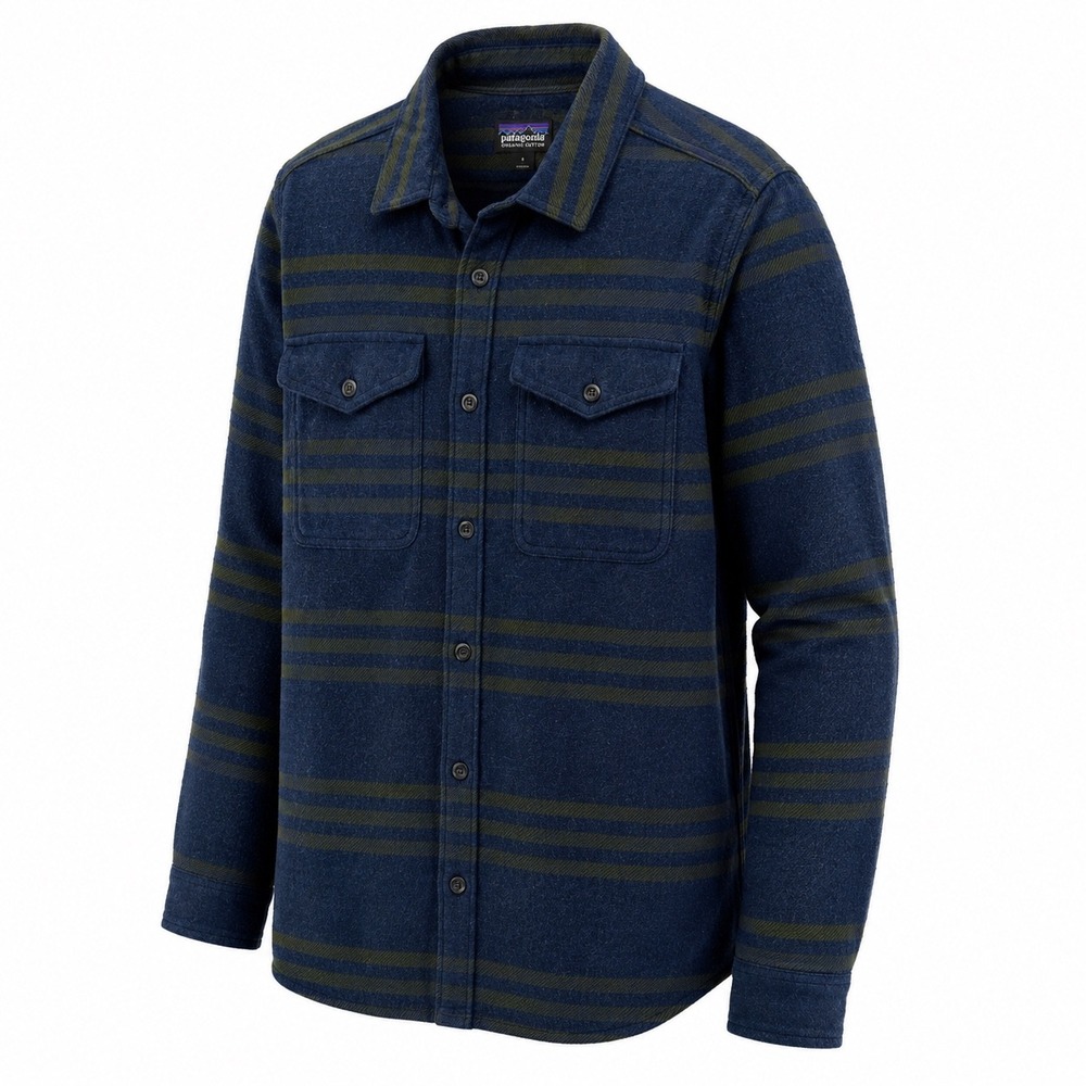 Patagonia Mens Fjord Flannel Shirt Large Navy Green Striped Organic Cotton 42401